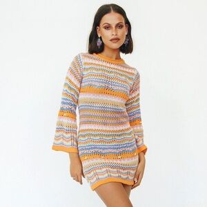 THANNE Queen Of Peace Crochet Knitted Longsleeve Mini Dress Colorful Apricot